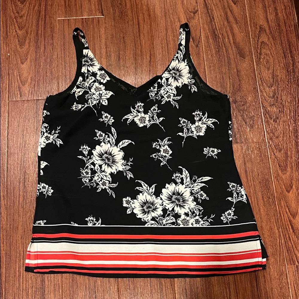 Roz & Ali Black Floral Camisole with Red Striped Hem